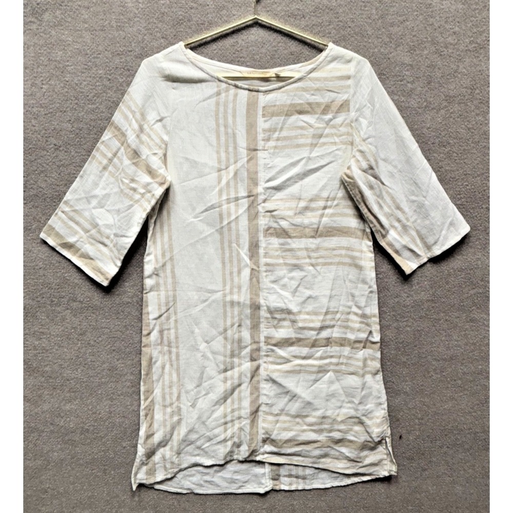 Soft‎ Surrounding Linen Blend Calypso Breeze Dress Beige Stripe NWT 3/4 Sleeve